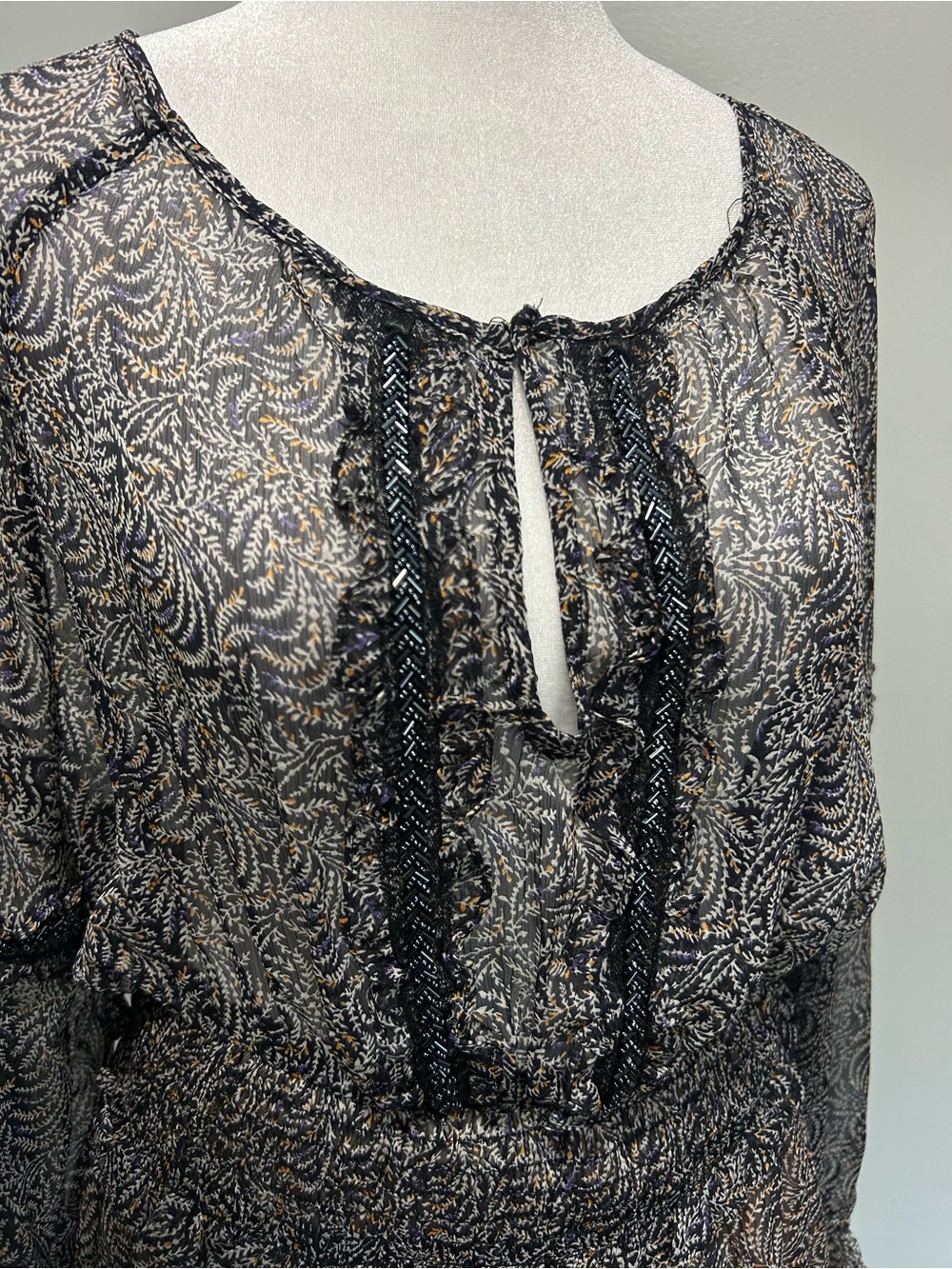 Endless Blu Sheer Boho Mini Dress Leaf Print Beaded Ruffle Black Cream - Picture 3 of 9